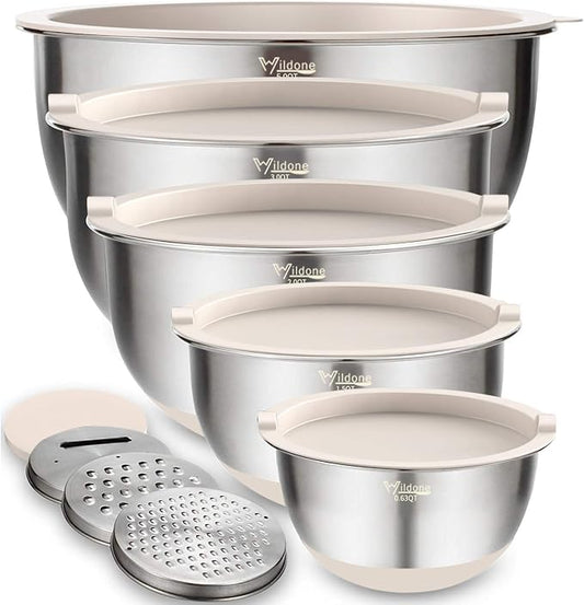 Wildone Mixing Bowls with Airtight Lids Set, 5PCS Stainless Steel Khaki Nesting Bowls for Kitchen, with Grater Attachments & Non-Slip Bottoms, Size 5, 3, 2, 1.5, 0.63 QT, Great for Mixing & Serving