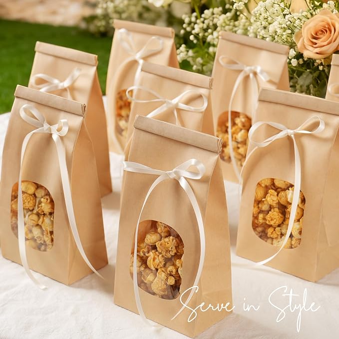 50 Pack Bakery Bags with Window, 3.9x2.3x8 Inches Tin Tie Tab Paper Cookie Bags Brown Small Gift Bag for Packaging Popcorn, Trail Mix, Treats, Snacks, Baked Goods, Party Favors | Grease Resistant