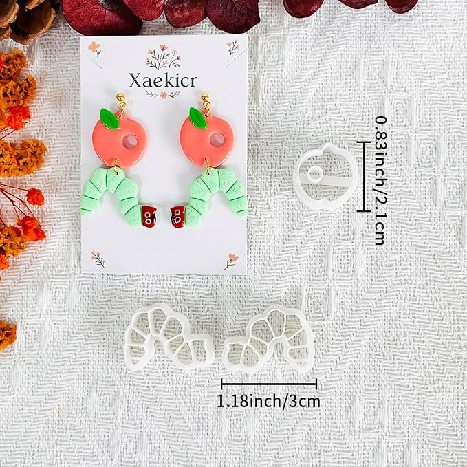 Xaekicr Whimsical Worm and Apple Polymer Clay Cutters – 3PCS Clay Earring Cutters Set for DIY Fruit Insect Jewelry Making – Clay Tools and Polymer Clay Molds
