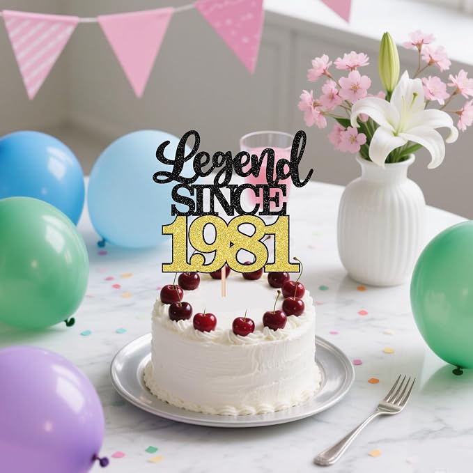 1 PCS Legend Since 1981 Cake Topper Black Gold Glitter Forty Five Happy 45th Birthday Cake Pick Hello 45 Cheers to 45 Years Cake Decoration for 45th Birthday Anniversary Party Decorations Supplies