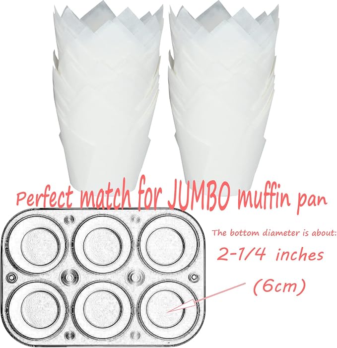 Large size White Tulip Baking Cups 2-1/4"(Base diameter) x 4"(Wall height) Greaseproof paper baking cupcake Muffin liners, Case of 130 pcs