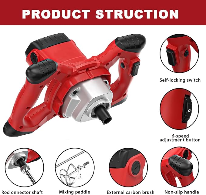 Cement Mixer, Handheld Electric Concrete Mixer, Portable Mortar Mixer with 6 Adjustable Speed, 110V Mud Mixer Machine Drill Tool for Paint Mortar Fodder Mixing Drywall Grout Plaster (Red)