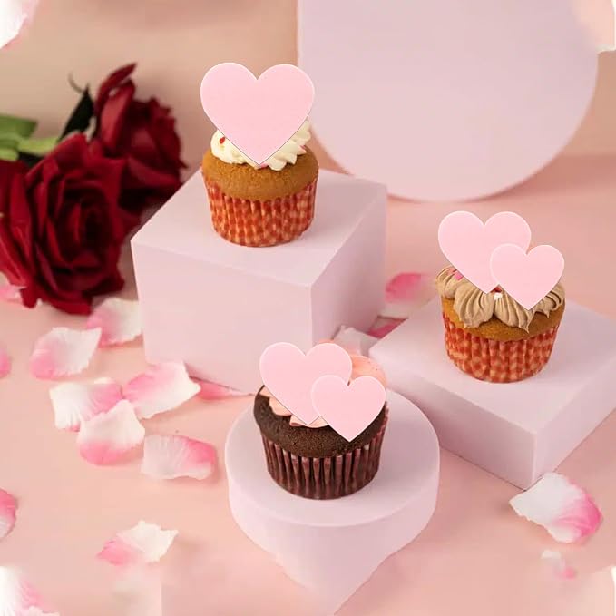 60 PCS Edible Heart Cupcake Toppers Sweet Love Valentine's Day Cake Decorations Edible Heart Cupcake Picks for Valentine's Day Wedding Engagement Birthday Party Food Decorations Supplies Light Pink