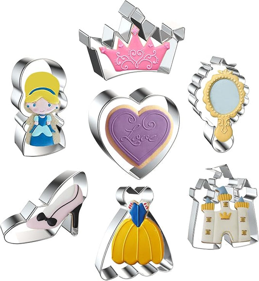 Princess Cookie Cutter Set - 7 Piece - Crown, Heart, Castle, Dress, Mirror, Princess, High Heel Cutters Shapes Fondant Biscuit Molds - Gifts for Mom Wife Sister Female Friends Girlfriend Nurse Her