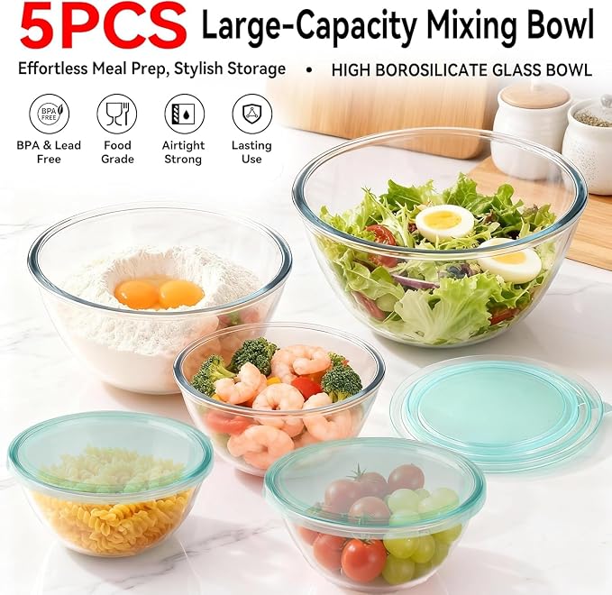 YUANYE 5 Pack Glass Mixing Bowls with Lids Set (5QT/2.5/1.5/0.9/0.6QT), Thick Glass Large Salad Bowl Set, Nesting Kitchen Bowls for Serving,Prepping,Cooking and Baking,Dishwasher,Oven,Microwave Safe