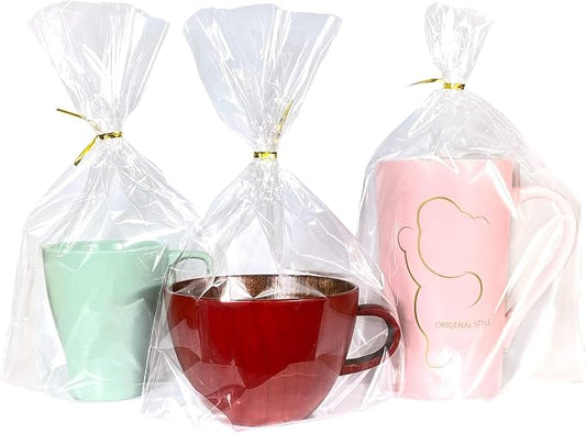 PigPotParty Cellophane Bags 8x11 Inch, 50 Pack Clear Plastic Gift Bags with Bottom Gusset for Stand-Up Display, Medium Cello Gift Wrap for Goodies, Treats, Party Favors, Mugs, Includes 50 Gold Ties
