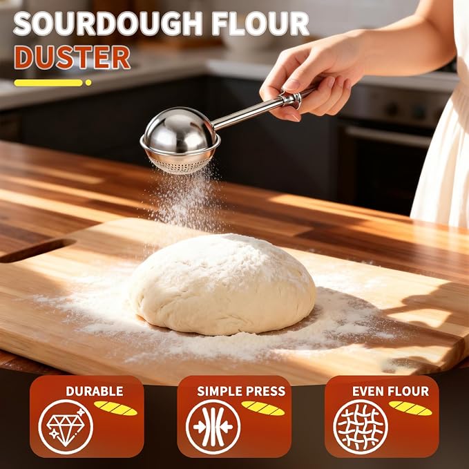 Sourdough Flour Duster for Baking, Powdered Sugar Duster, One-Handed Operation Flour Dusting Wand, 304 Stainless Steel with Spring-Operated Handle, Easy to Use, Perfect for Sourdough Bread