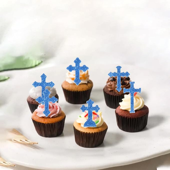 60 PCS Edible Cross Cupcake Toppers God Bless and Baptism Cupcake Toppers Edible Cross Cupcake Picks First Communion Cake Decorations for Religious Theme Baby Shower Birthday Party Supplies Blue