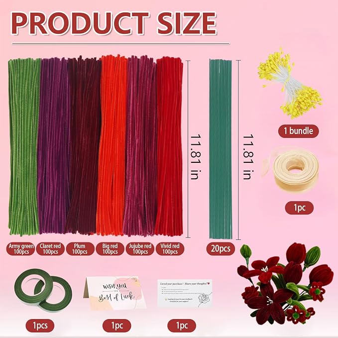 AHAMETON 620Pcs Pulm Red Pipe Cleaner Flower Kit, 6 Colors Bulk Pipe Cleaners Craft Supplies with Wires, Stamens, Ribbon, Tape, Card, DIY Flower Making for Gifts Home Decoration, Party & School Crafts