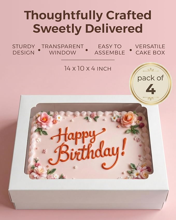 4pcs 14x10x4 inch Quarter Sheet Cake Boxes, White Large Rectangle Bakery Boxes with Window for Pastry, Donuts, Cupcakes, Pie, Cookies, Treat Packaging, Cajas para Pasteles with 80 Stickers