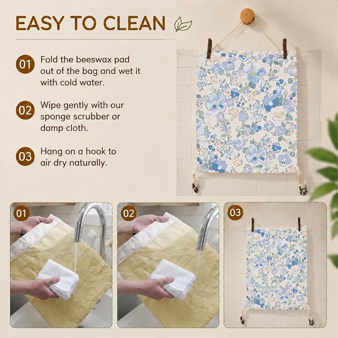 Bread Bags for Homemade, Natural Beeswax Bread Bag 2 Pack XL 13x17 Inch, Reusable Organic Cotton Linen Storage Bags, Beeswax Bread Bags for Sourdough, Keeps Bread Fresh Longer (Little Blue Flower)