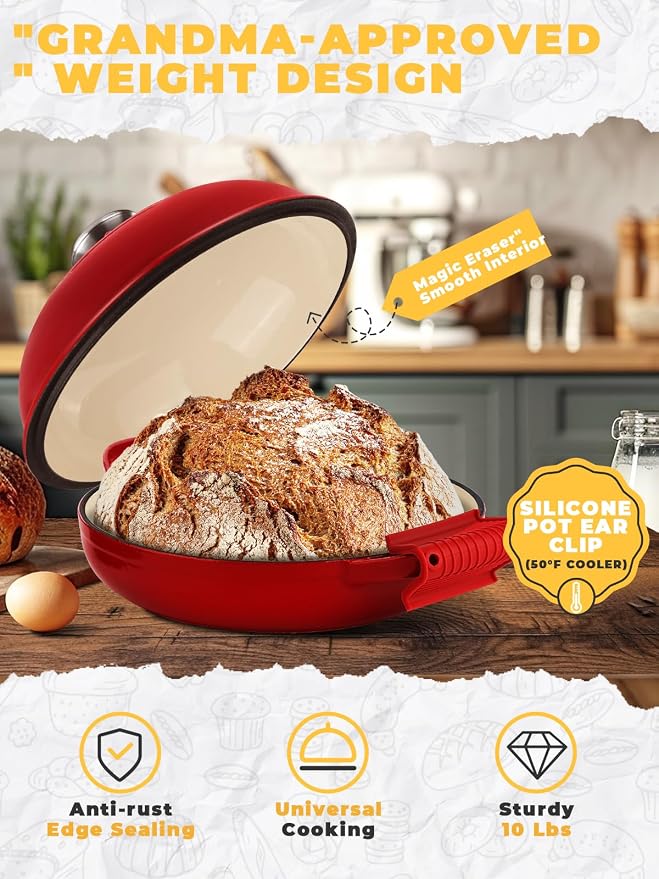 Dutch Oven Bread Baking Pot with Lid 6QT Enameled Cast Iron Oven, Gradient Red Design & Complete Sourdough Kit (Banneton Basket, Dough Tools, Silicone Sling) for Artisan Bread Making