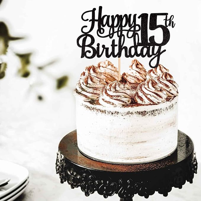 1 PCS Happy 15th Birthday Cake Topper Glitter Cheers to 15 Years Birthday Cake Pick Mis Quince 15 Fabulous Cake Decoration for Happy 15th Birthday Theme Party Decorations Supplies Black