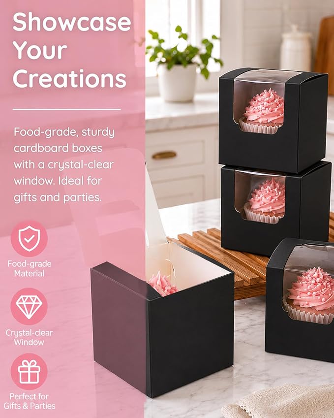 Bakepacker Auto-pop up Cupcake Boxes 100-Packs Individual Cupcake Container Black 3.5" x 3.5" x 3.5" Single Cupcake Boxes