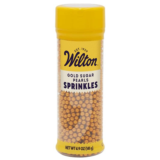 Wilton Edible Sugar Pearls, Edible Cupcake Toppers Non-Toxic Wilton Pearls With Long Shelf Life, Sprinkles For Cake Decorating 141 Gram (Gold)