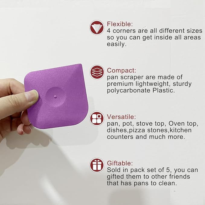 Herda Pan Scraper Pot Scraper Plastic Kitchen Scraper Tool, 5pcs Food Scraper Dish Scraper Hard Nylon Platic Cleaning Scraper Tool for Kitchen Pan, Pot, Cast Iron (Purple)