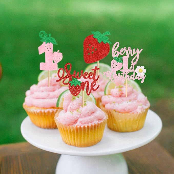 24Pack Red Strawberry Cupcake Toppers Pink Berry 1st Birthday Cupcake Picks for Strawberry Baby Shower Kids First Birthday Cake Decors Sweet One Cupcake Decoration Supplies