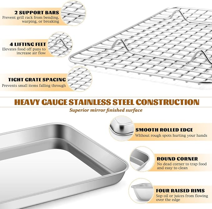 Metal Toaster Oven Tray with Rack Set, E-far 10.5”x8.3” Baking Sheet Broiling Pan with Stainless Steel Wire Grate Rack for Cooking Baking Bacon Steak Cooling Cookie - Dishwasher Safe