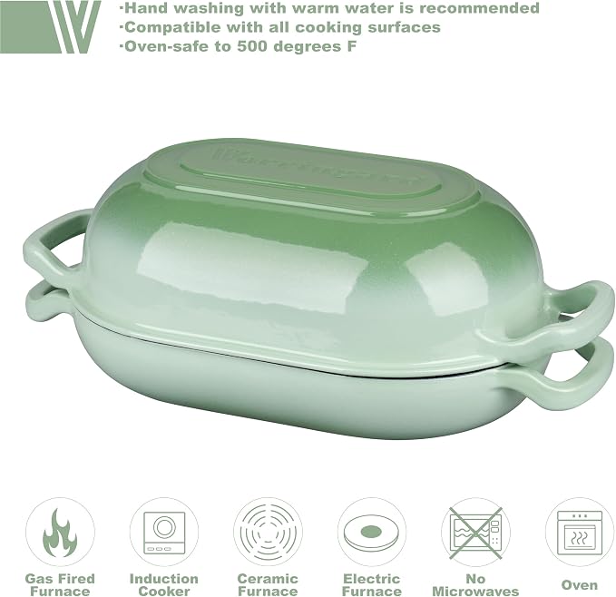 VORRINGARD Enameled Cast Iron Sourdough Bread Oven, Dutch Oven, Loaf Cast Iron Bread Pan for Homemade Bread Baking, Meatloaf Pan with Lid, 5QT, Green