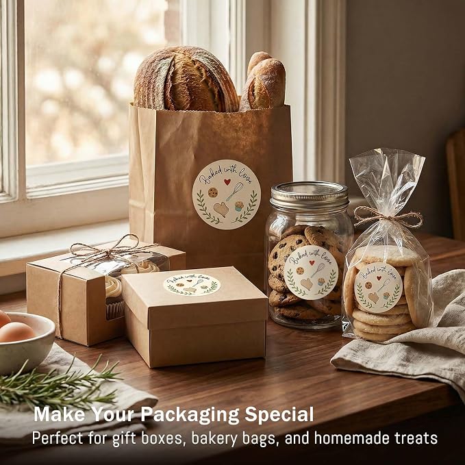 120 Pack Baked with Love Stickers, Round Baking Labels for Cookies, Sourdough Bread & Homemade Treat Packaging, Bakery & Small Business Sealing Stickers for Gift Bags, Boxes & Jars, 1.6"