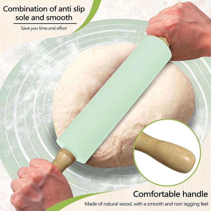Silicone Rolling Pin Backing Mat Set, 13" Dough Roller with Non Stick Pastry Sheet, Small Fondant Roller Round Kneading Mat for Bread Cookie Pie Pizza Sourdough Kitchen (Mint Green)