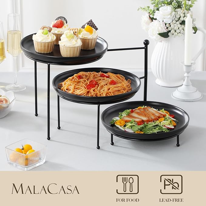 MALACASA Black 3 Tier Serving Tray Stand, 10 Inch Porcelain Tiered Dessert Stand, Cupcake Fruit Display Tower, Serving Platters for Party, Food Display Stand, Appetizer Tray, Dessert Table Display