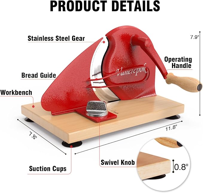 vanerepok Manual Bread Slicer Adjustable Thickness for Homemade Sourdough | Hand Crank Bread Cutter with Scale & Stable Suction Cups & Wood Base for Even Slicing Perfect Baking Gift for Home Bakers