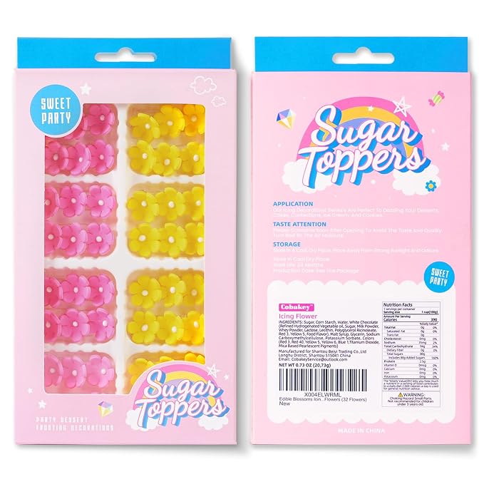 Edible Flowers Cake Decorations 48 Count Pink Yellow Blossoms Royal Icing Decorations Daisy Sugar Wedding Flowers for Baking Cupcakes Ice Cream Waffles Cookies Birthday Cake