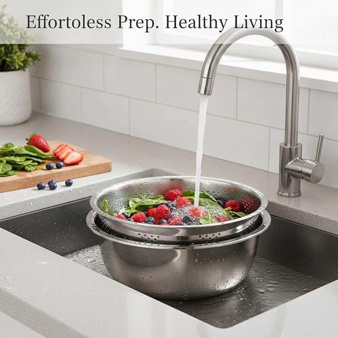 2-Piece Stainless Steel Colander and Bowl Set, Nested Strainer for Washing Veggies, Draining Pasta, and Food Prep (Silver)