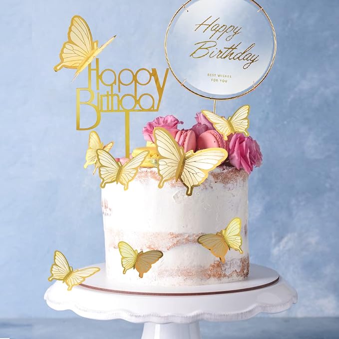 22-Pieces Butterfly Cake Decorations With Happy Birthday Acrylic Cake Toppers for Baby Shower Wedding Birthday Party Decor (Beige)