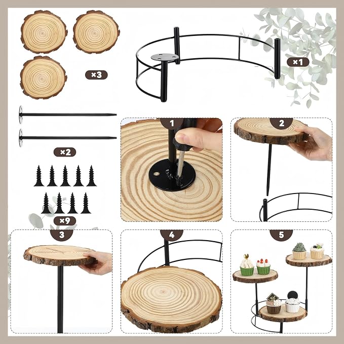 Chunful Staircase 3 Tier Round Natural Wood Cupcake Dessert Stand, Cup Cake Tower Stand Holder, Wooden Cake Display Tiered Centerpiece for Party, Birthday, Wedding, Baby Shower, Holiday Decoration