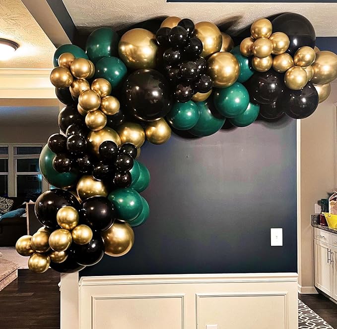 Green and Gold Black Balloon Arch Kit, 201Pcs Explosion Star Emerald Forest Dark Green Metallic Gold Black Balloons Garland for Birthday Baby Shower Jungle Graduation Prom Party Decorations