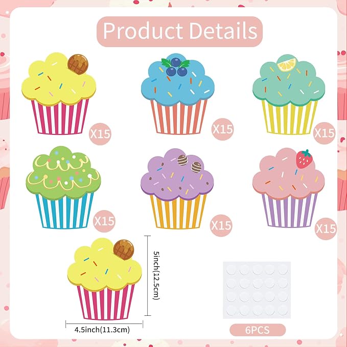 Vuzvuv 90Pcs 5In Cupcake Paper Cutouts with 180Pcs Glue Points,Cup Cake Cut Outs Bulletin Board Decorations for Birthday Party Theme Decor Supplies