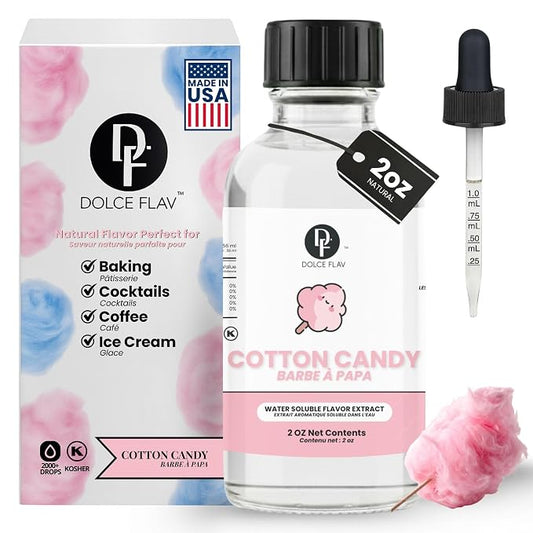 Dolce Flav Natural Cotton Candy Extract – 2 Ounce Water-Soluble Kosher, Sugar-Free, Concentrated Carnival-Style Flavoring for Baking, Frostings & Drinks, Includes Measured Dropper