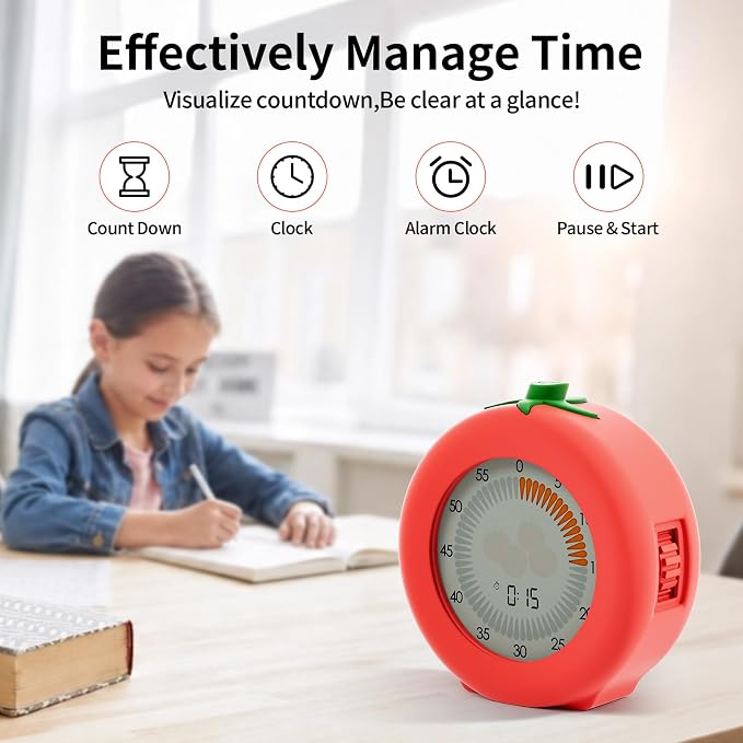 Tomato Visual Timer for Kids, 299 Minute Cute Pomodoro Countdown Timer, Kitchen Cooking Helper Timer with Pause Function, Clock and Alarm, Digital Timer for Classroom, Office and Meetings