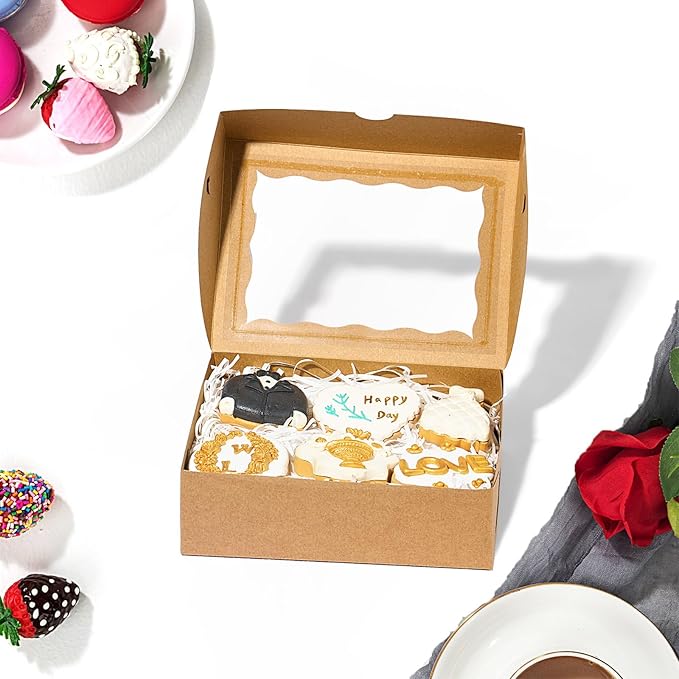25 Pcs8 x6 x2.5 Brown Cookie Boxes with Window, Gift-Ready Pastry Box for Chocolate Strawberries, Macarons, Truffles, Perfect for Thanksgiving Day,Father's Day, Christmas Party Favors