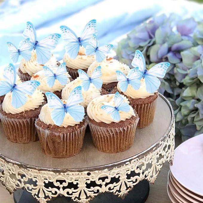 60Pcs Edible Butterfly Cupcake Toppers Blue Butterflies Cupcake Picks Drink Toppers for Butterfly Theme Baby Shower Girls Boys Birthday Party Birdal Shower Engagement Wedding Party Decorations