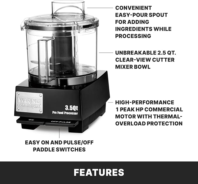 Waring Commercial Food Processor, 3.5 Quart Capacity with Flat Lid, 1 Horsepower Motor, Vegetable Chopper for Professional Kitchens, WFP14SW