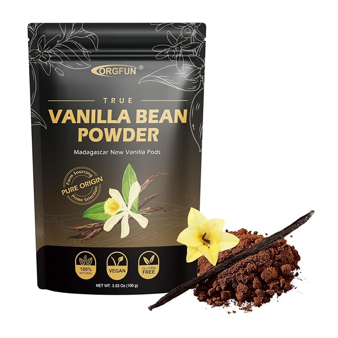 ORGFUN Vanilla Bean Powder 3.53 Oz, Native Ground Madagascar Vanilla Powder Pure Natural No Fillers or Additives Great for Baking, Desserts, Coffee Vegan Gluten Free 100G (Pack of 2)