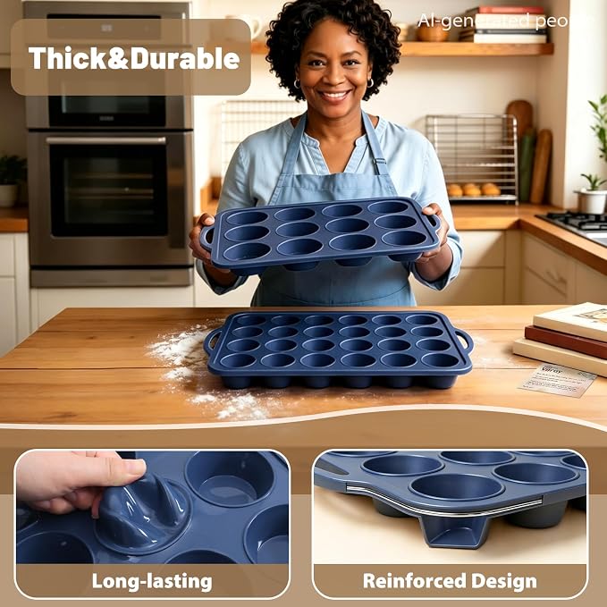 2 Pack Silicone Muffin Pan 12 and 24 Cup with Metal Frame,Non Stick Silicone Mini Cupcake Pan with Handles, BPA Free Silicon Regular Muffin Tin Tray Small for baking, egg bites, Mold Grey
