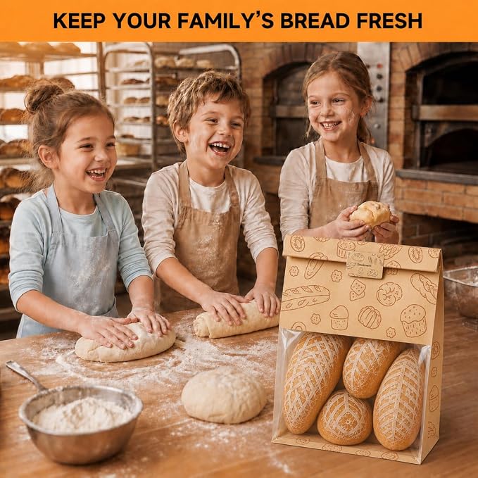 Extra Large Bread Bags for Homemade, 50 Count, 50% Thicker Sourdough Paper With Ties, 15.7 * 10.2 * 5.1 in, Tin Tie Tab Lock Bakery Bags With Window and Sealing Stickers for Storage Packaging Gifting