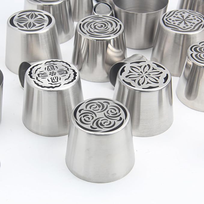 22-Piece Extra Large Russian Icing Nozzle Set, Stainless Steel Rose Tulip Cake Decorating Tips, Includes 12 Jumbo Nozzles, 8 Large Nozzles, and 2 Brushes, Kitchen Baking Tool