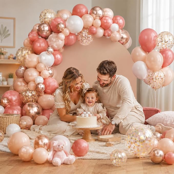 Dusty Blush Pink and Gold Balloon Arch Kit, Cream Rose Pink Balloon Garland Kit with Metallic Champagne Gold and Confetti Balloons, Beige Boho White Balloons for Wedding Bridal Birthday Decorations