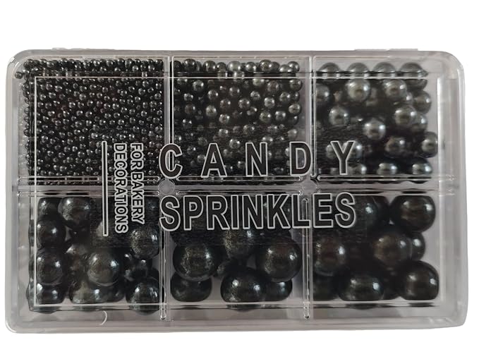 5 Sizes Edible Black Pearls Sugar Sprinkles 130g/4.6oz, 2,4,7,10,12mm Candy Pearl for Cake Decorating and Cupcake Toppers Cookie Decorations Ice Cream Topping Wedding Valentines Halloween Christmas