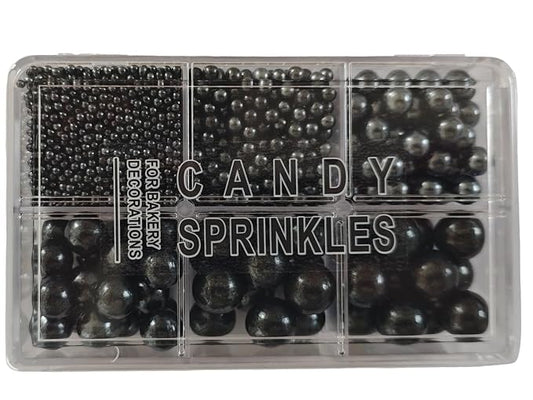 5 Sizes Edible Black Pearls Sugar Sprinkles 130g/4.6oz, 2,4,7,10,12mm Candy Pearl for Cake Decorating and Cupcake Toppers Cookie Decorations Ice Cream Topping Wedding Valentines Halloween Christmas