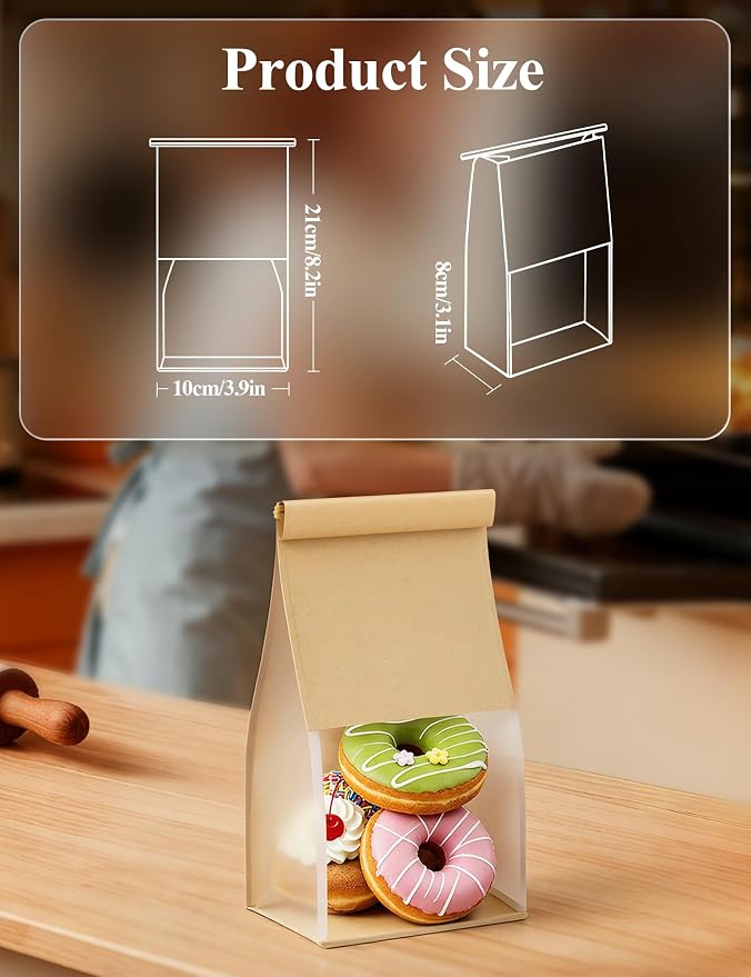 FireKylin Bread Cookie Bags with Window & Tin Tie,3.9x3.1x8.2 (100,Small) | Food Safe Brown Paper, Clear Window, Reusable Tin Tie, for Homemade Bread, Cookies, Muffins, Pastry, Candy, Party Favor