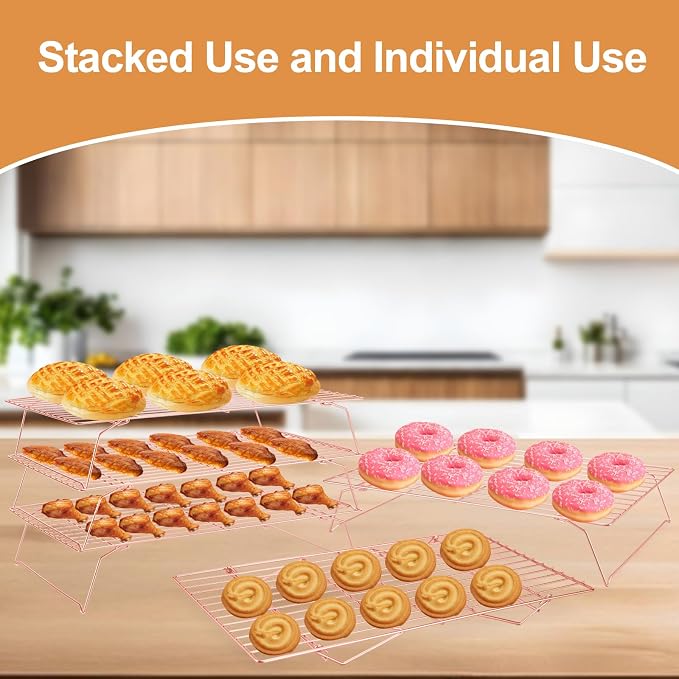 Cooling Rack for Baking 3 Tiers, 16" x 10" Cookie Cooling Wire Rack Stackable Collapsible Nonstick, Stainless Steel Baking Cooking Cooling Racks with Optimum Air Flow, Rose Gold
