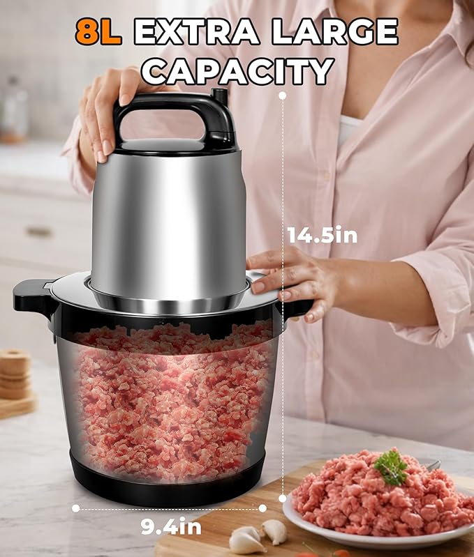 8L Meat Grinder for Home use, 1200W Large Food Processor，26-Cup Meat Grinder Electric with 2 Speed Modes & 4 Bi-Level Blades，Vegetable Chopper Electric for Onion, Meat, Nuts, Fruit, Meal Prep
