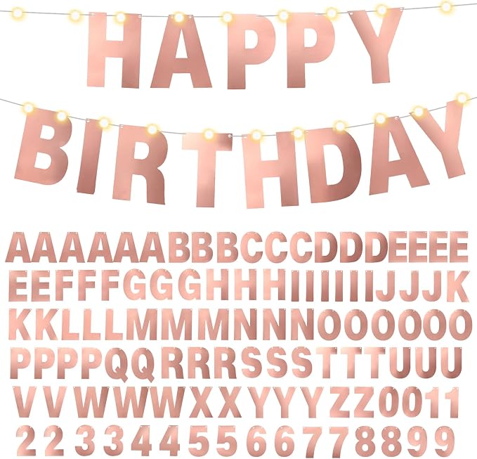 TaoBary 112 Pcs DIY Letter Kit Glitter Customizable Banner Letters Include 107 Letters and Numbers 3 Rope and 2 Needles for Birthday Halloween Christmas Wedding Valentine Party Decor(Bright Rose Gold)