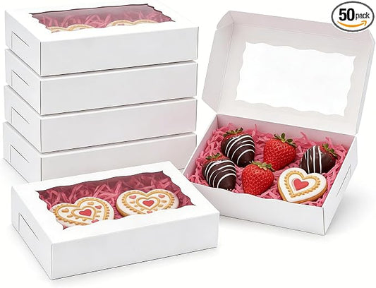 50pcs Cookie Boxes with Window 8x5x2 Inches Bakery Boxes Treat Box Dessert Box for Macaron Truffle Chocolate Covered Strawberries - White